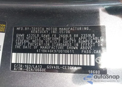 2007 Toyota Camry Xle V6 from USA, damaged, VIN 4T1BK46K97U010611